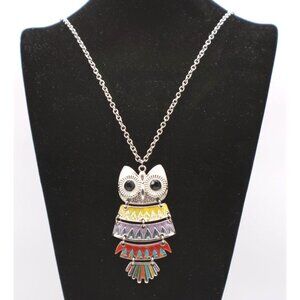 Enamel Owl Pendant Necklace Beaded Eyes Silver-Tone Chunky Chain Long 20" Vtg